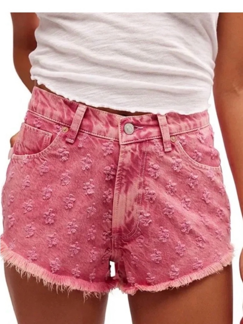 Free People Pink Textured High-Rise Denim Shorts